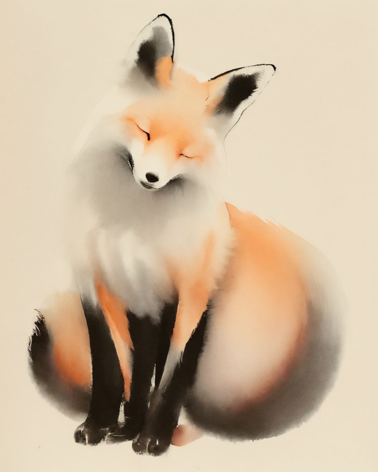 <lora:zyd232_InkStyle_v1_0:1.0> zydink, monochrome, ink sketch, cute fox, orange, closed eyes, large tail, simple background